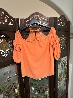 Naked Zebra Orange Off-Shoulder Puff Sleeve Blouse with Back Straps